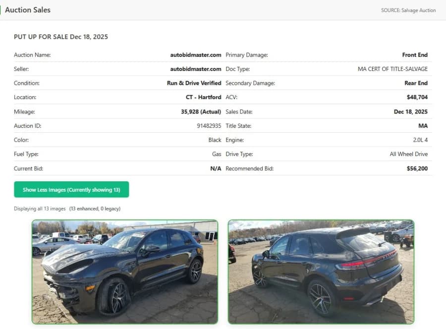 Dealer auction sale history in a VinSpectorAI report