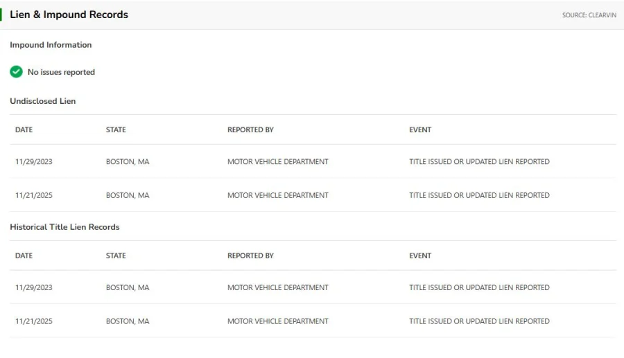 Lien and impound records in a VinSpectorAI report