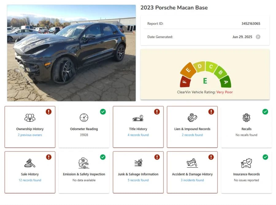Overview of a full VinSpectorAI vehicle history report