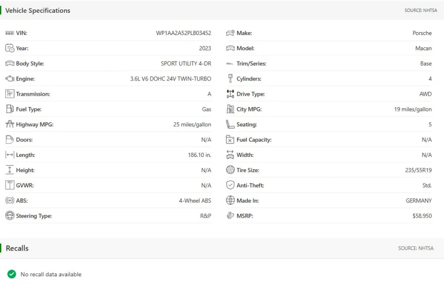 Vehicle specifications and open NHTSA recalls in a VinSpectorAI report
