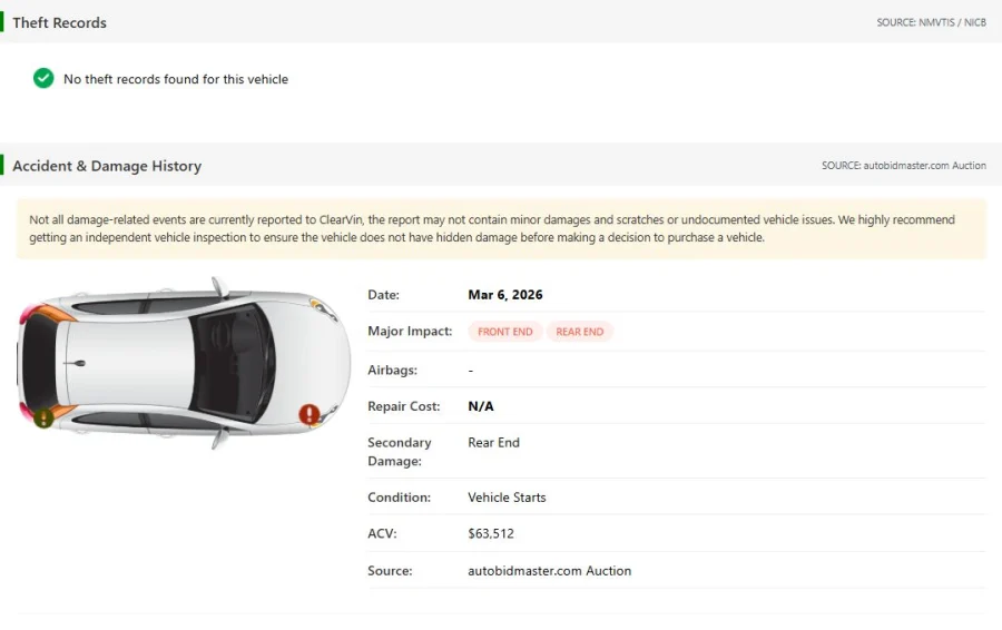 Theft records and accident and damage history in a VinSpectorAI report