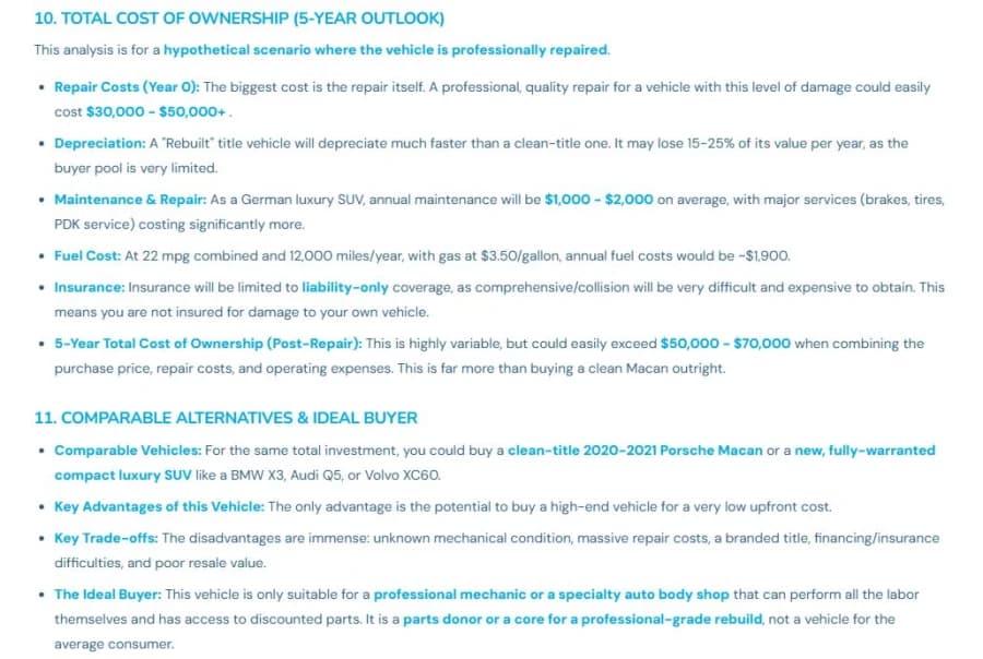 AI cost of ownership estimate in a VinSpectorAI report