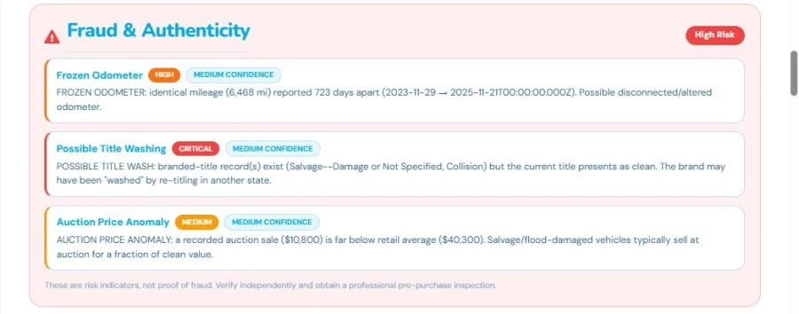 AI fraud and authenticity check in a VinSpectorAI report