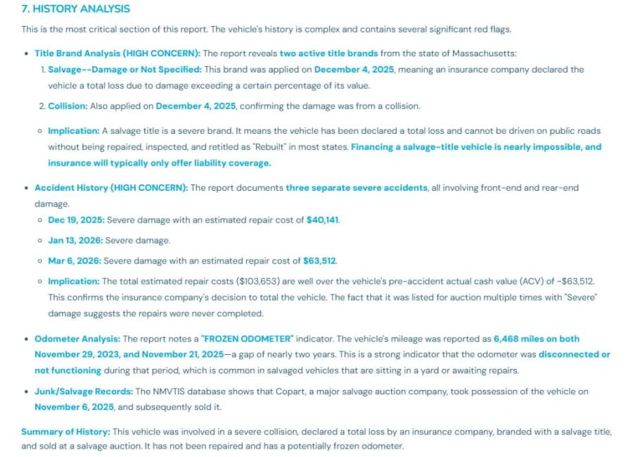 AI history analysis in a VinSpectorAI report