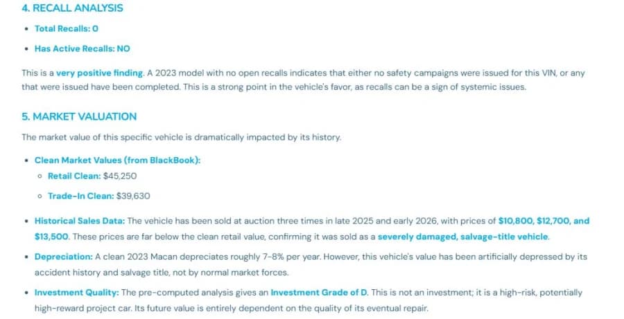 AI recall analysis and market valuation in a VinSpectorAI report