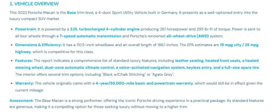 AI vehicle overview snapshot in a VinSpectorAI report